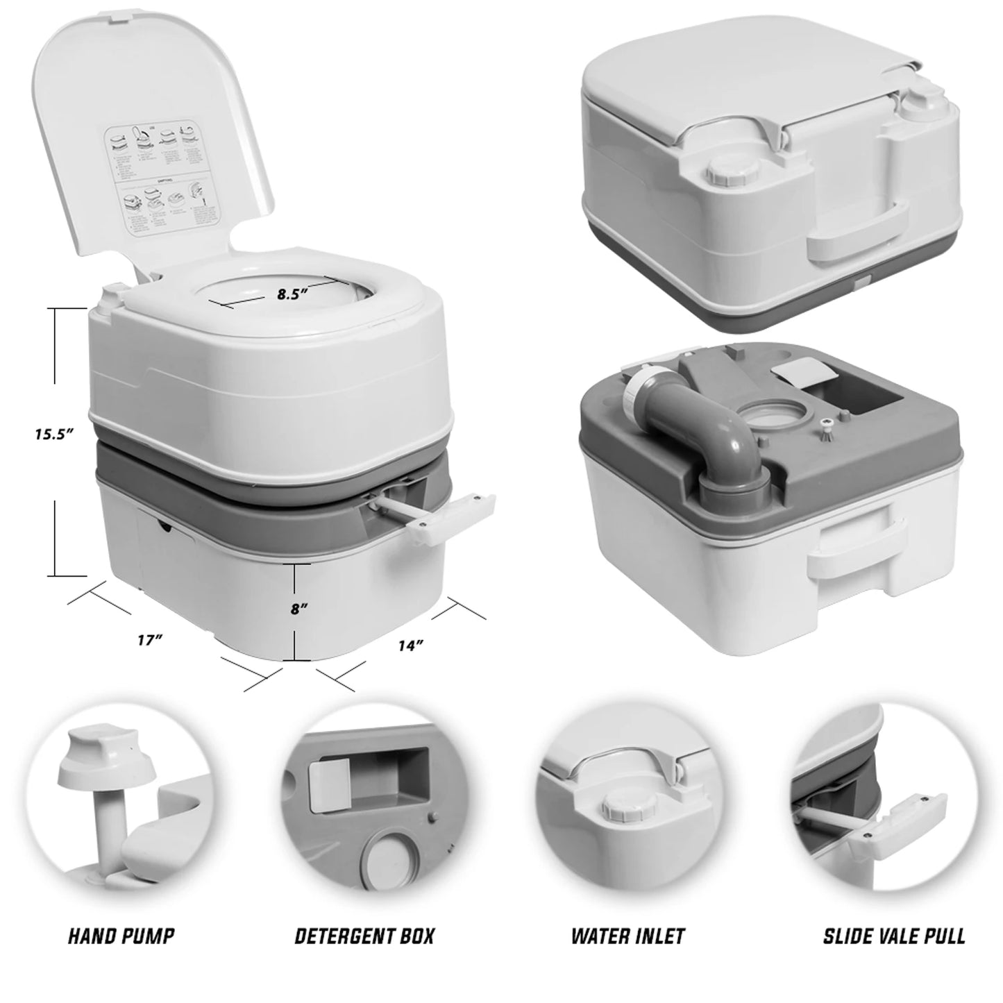 Portable Toilet with Tissue Storage 5.8 Gallon Indoor Outdoor RV Toilet with Handle Pump Leak-Proof
