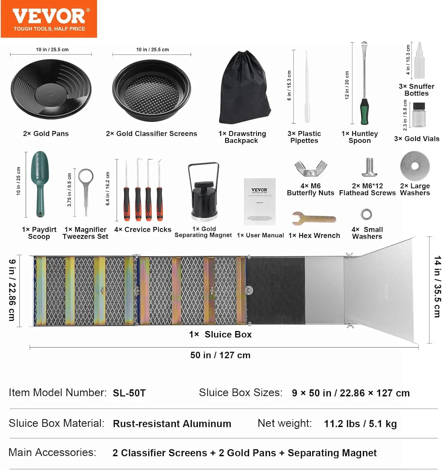 Complete Sluice Box Gold Panning Kit,50" Folding Aluminum Gold Mining Equipment, 23 PCS Gold Prospecting Kit