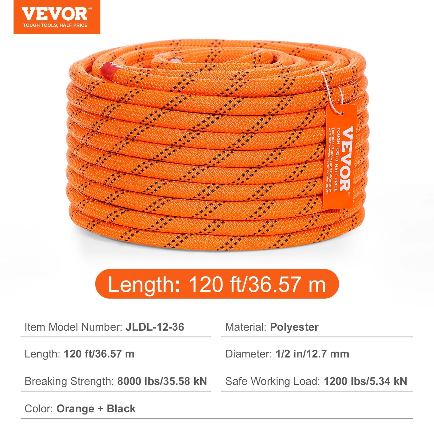 120ft Dual-Weave Polyester Cord 3/8 1/2in 48-Strand Multi-Use Rope