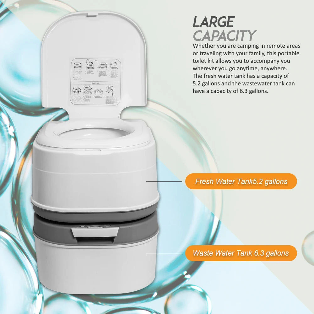 Portable Toilet  with Tissue Storage 5.8 Gallon Indoor Outdoor RV Toilet with Handle Pump Leak-Proof