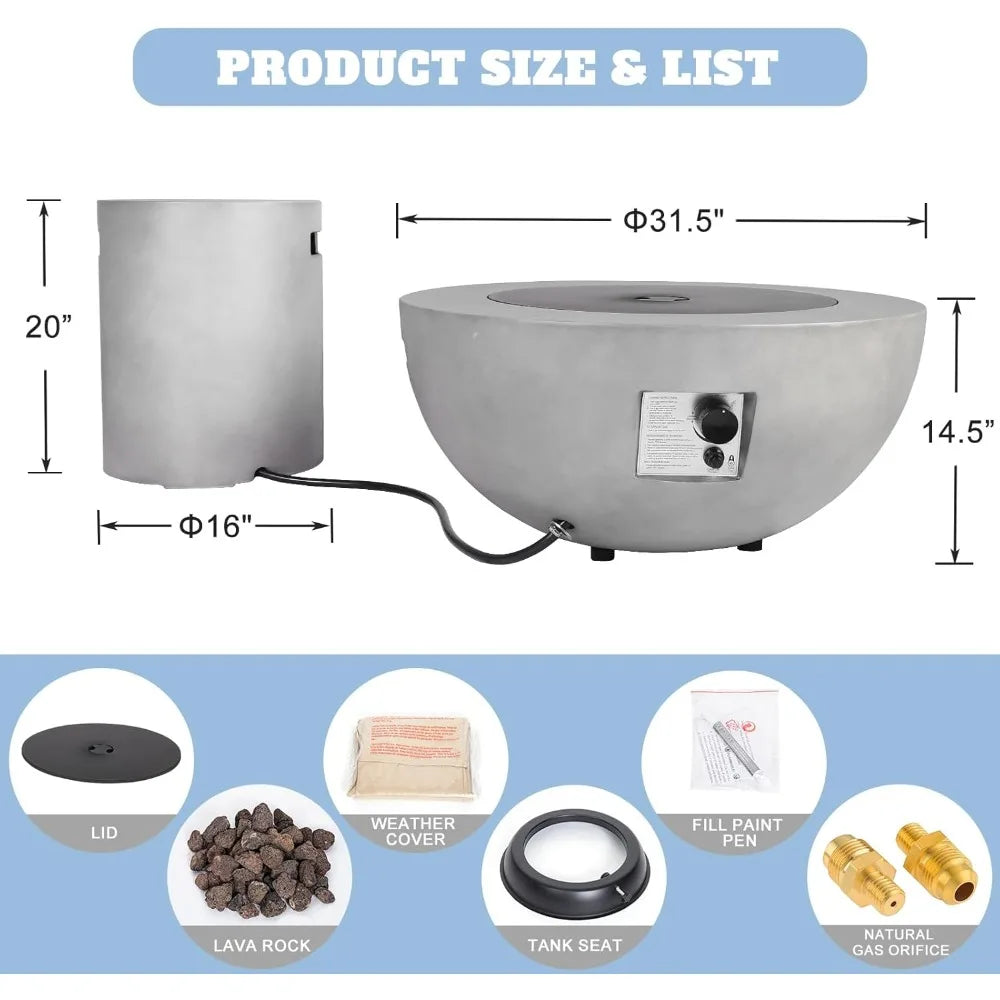 31.5 Inch Outdoor Propane Fire Pit Table w Tank Cover,50,000 BTU Round Burner, 2 Pieces Concrete Gas Fire Pit