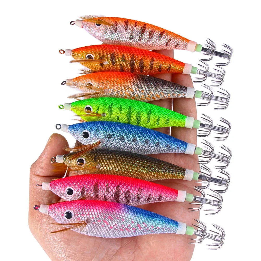 Glowing Horizontal Squid Trolling Lure Jigging  Wood Shrimp Hooks Octopus Bait