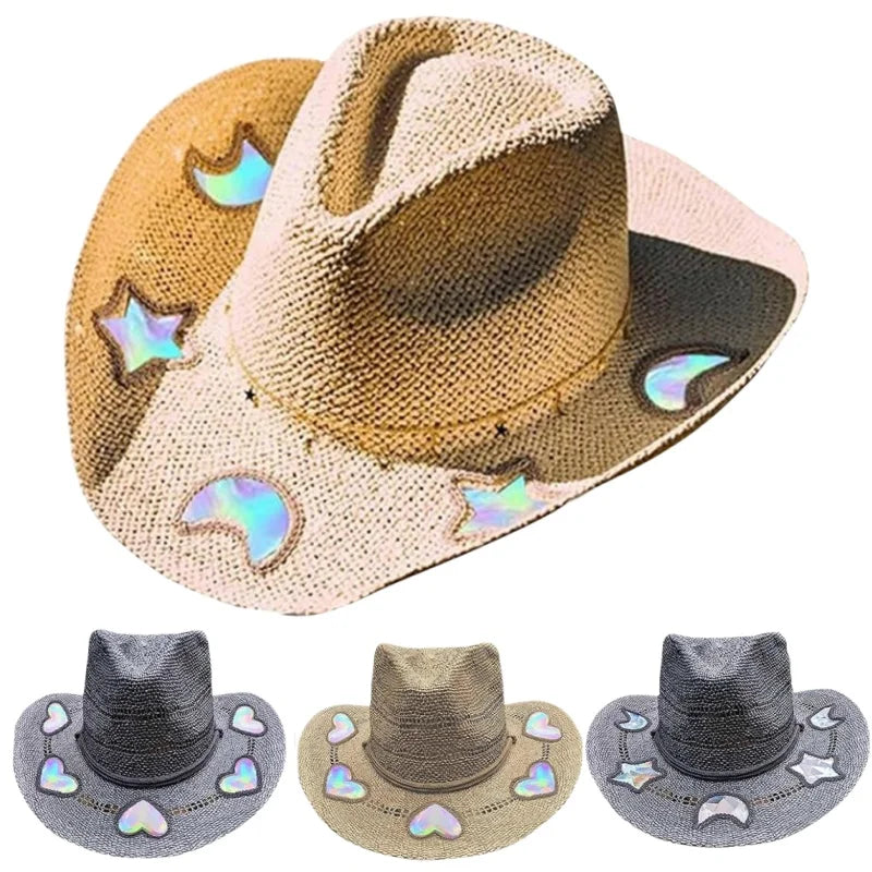 Straw Western Cowboy Hat 
Out Curled Wide Brim Sun Hat Fishing Hat Climbing Cap for Women Men