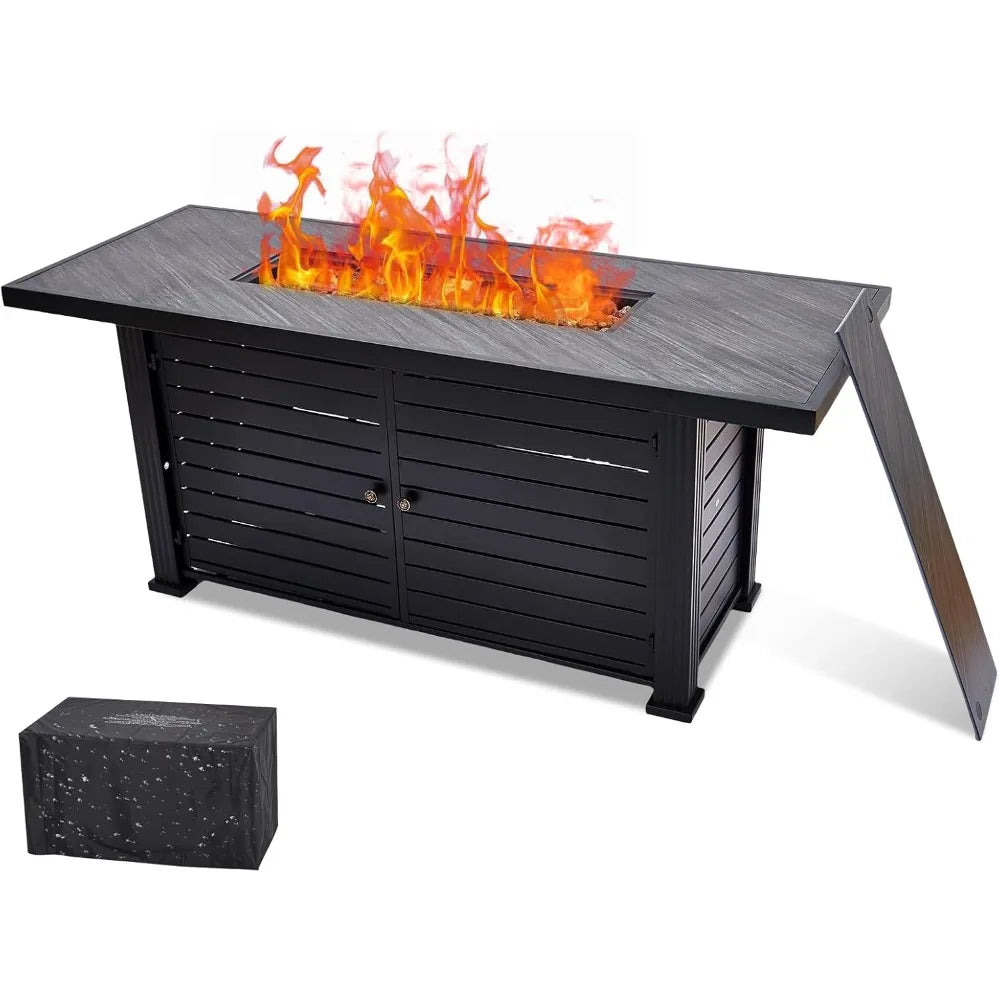 57 Inch Propane Fire Pit Table, 50000BTU Outdoor Gas Fire Pits Rectangular with Rain Cover, Sturdy Steel and Iron Fence Surface,