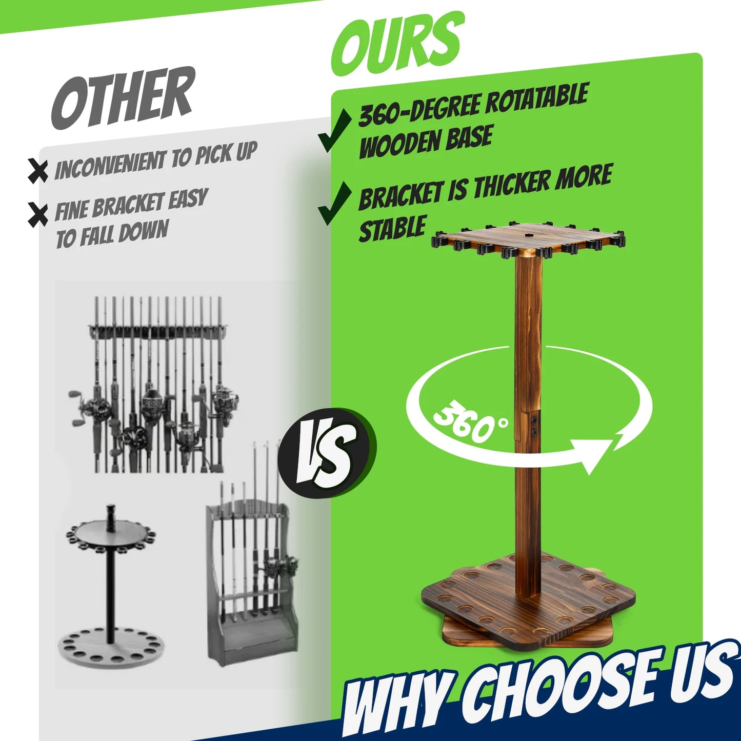 Fishing Rod Holder Rotating Wooden Rod Pole Rack New Style Holds up to 16 rods Fishing