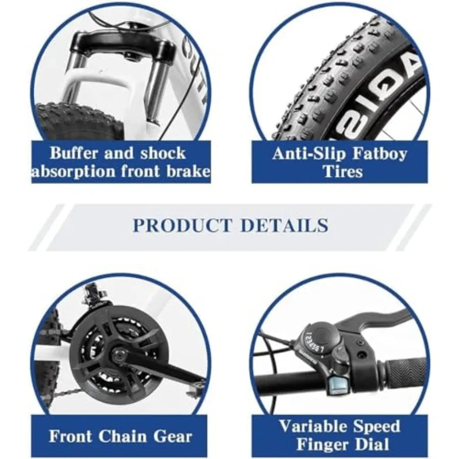 26 Inch Fat Tire Mountain Bike with Dual Disc Brakes Black 7 Speeds Gear High Carbon Frame Front Suspension 4 Inch Wide Tires F