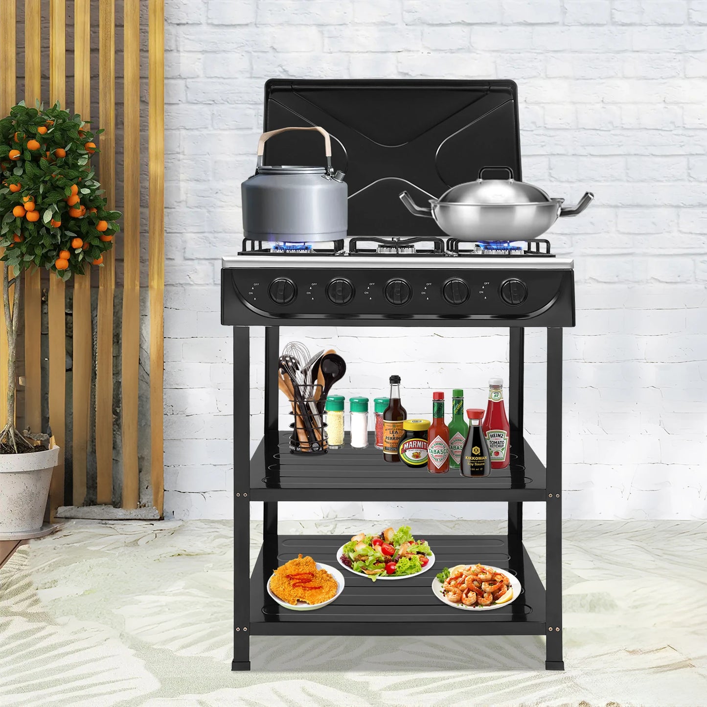 5-Burner Gas Stove Outdoor Camping Cooking BBQ Grill With 2-Tier Storage Rack