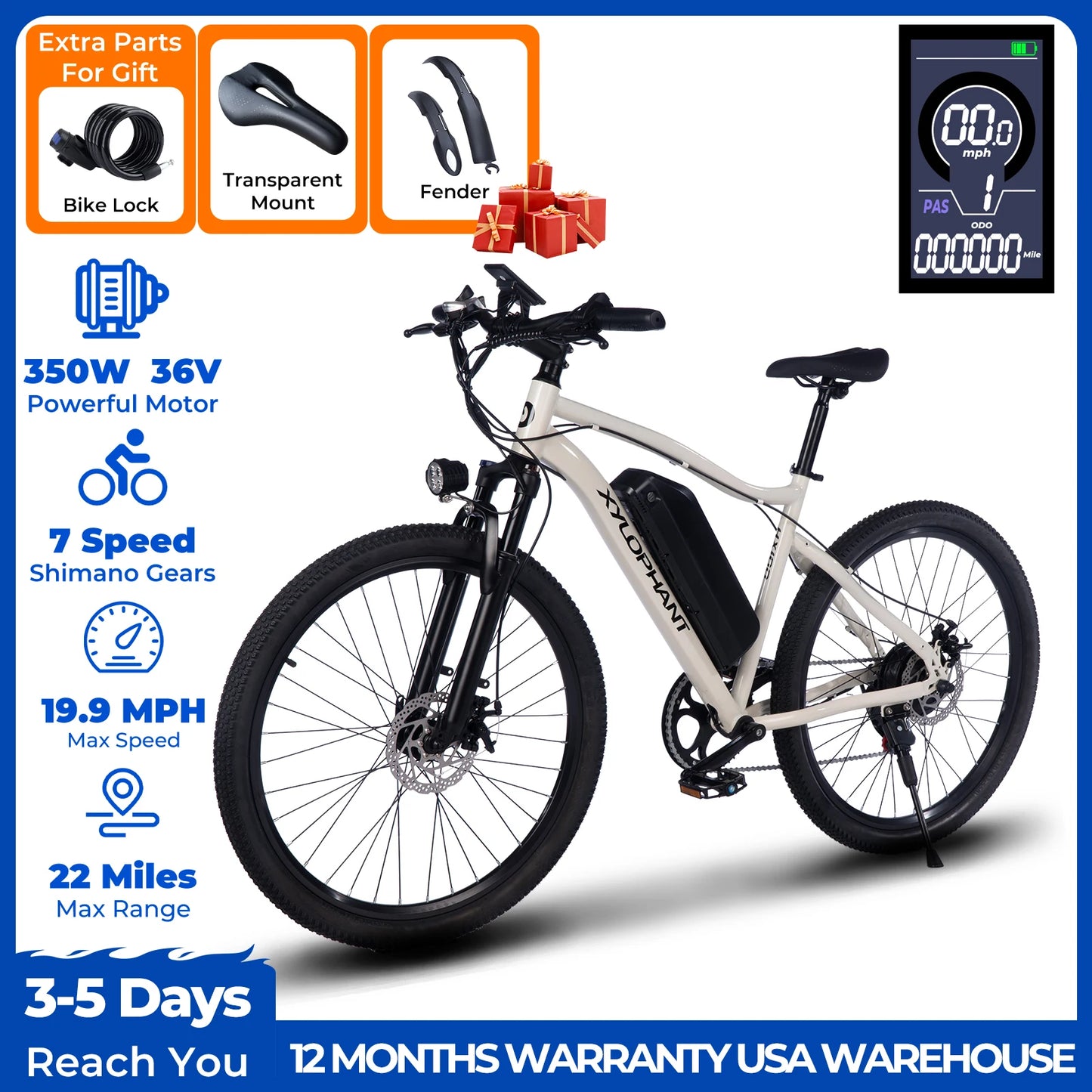 【1 Year Warranty】Terrosor Electric Bike,26" Fat Tire Ebike for Adults,350W Peak,Electric Mountain Bike,19.9mph,E bike UL2849