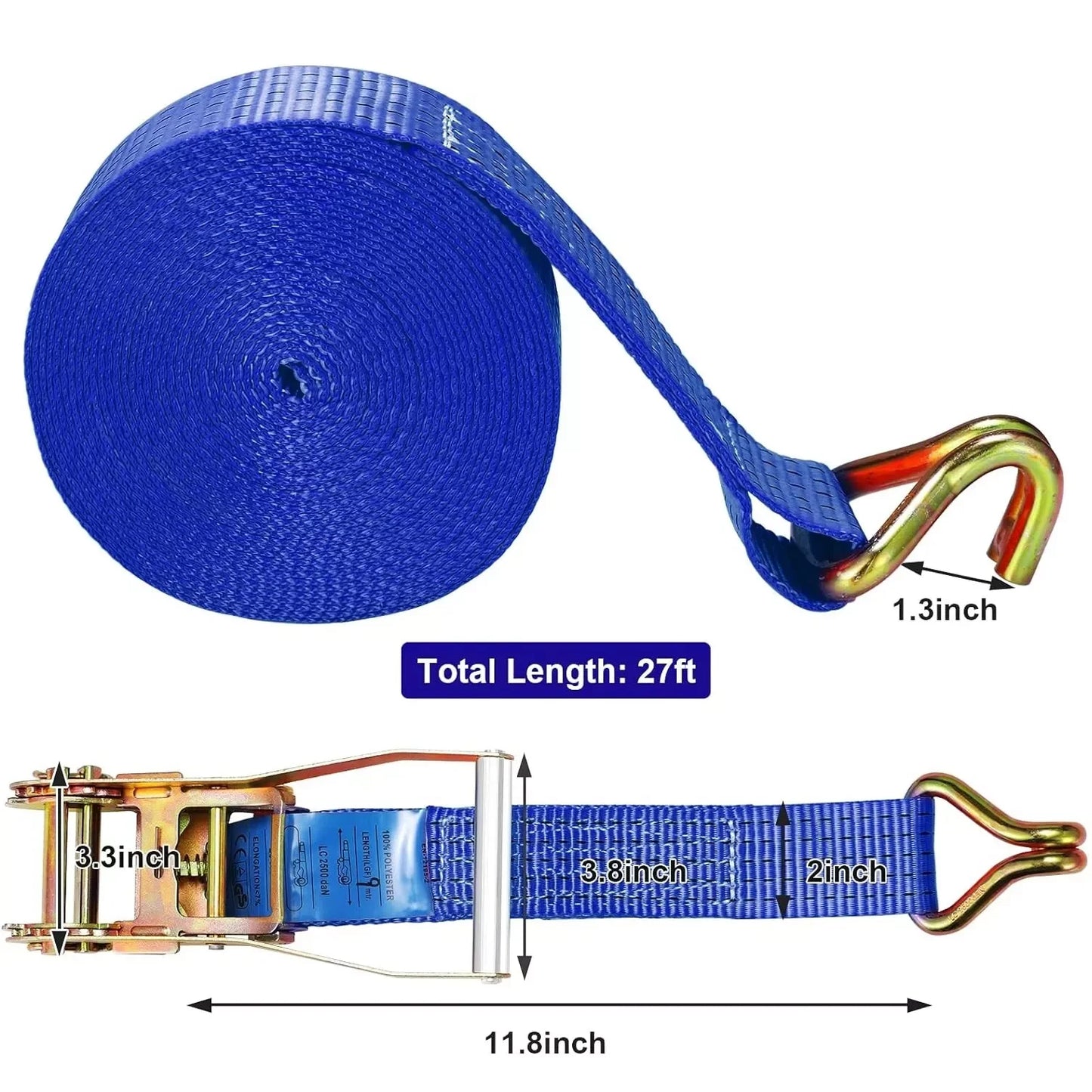 9m X 50mm Double J Hook Ratchet Straps (11,000 lbs Break Strength)