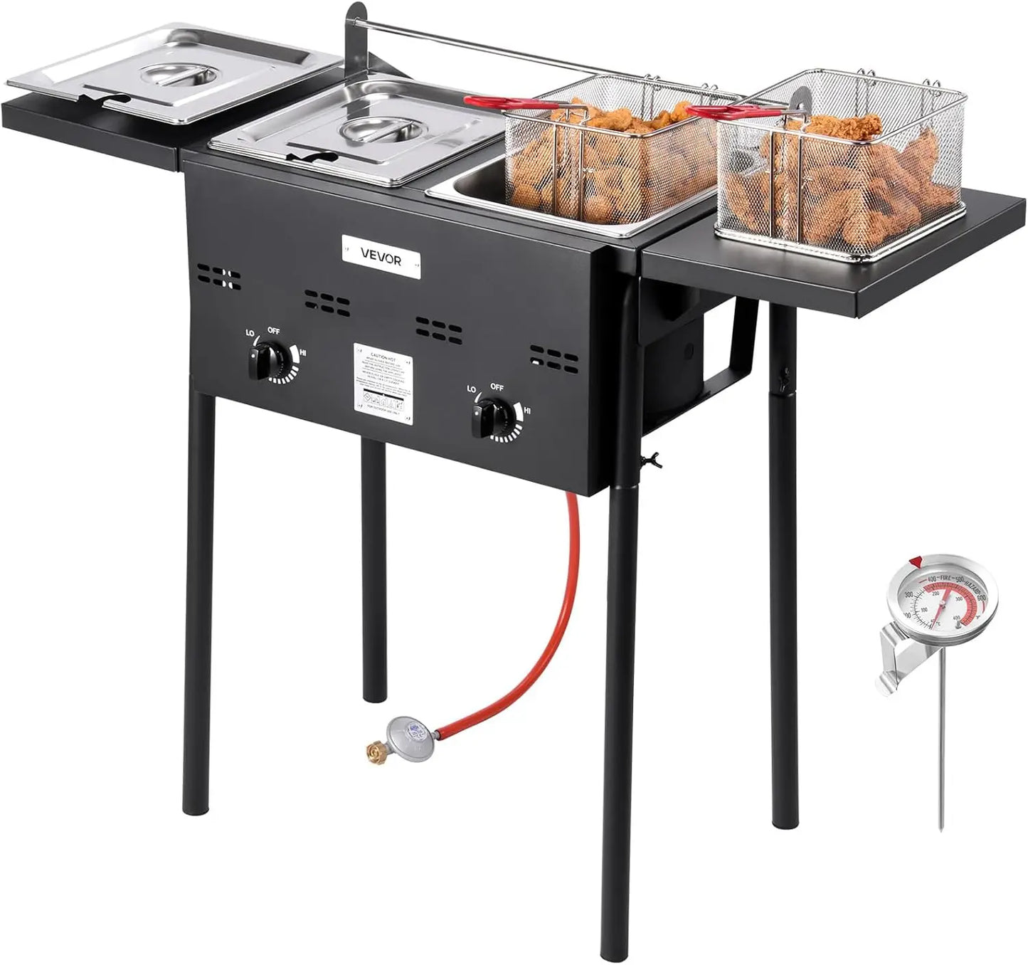 Outdoor Propane Deep Fryer, Dual-Tank 8QTx2 Commercial Fryer, Stainless Steel Cooker with Foldable Platform, Dual Basket