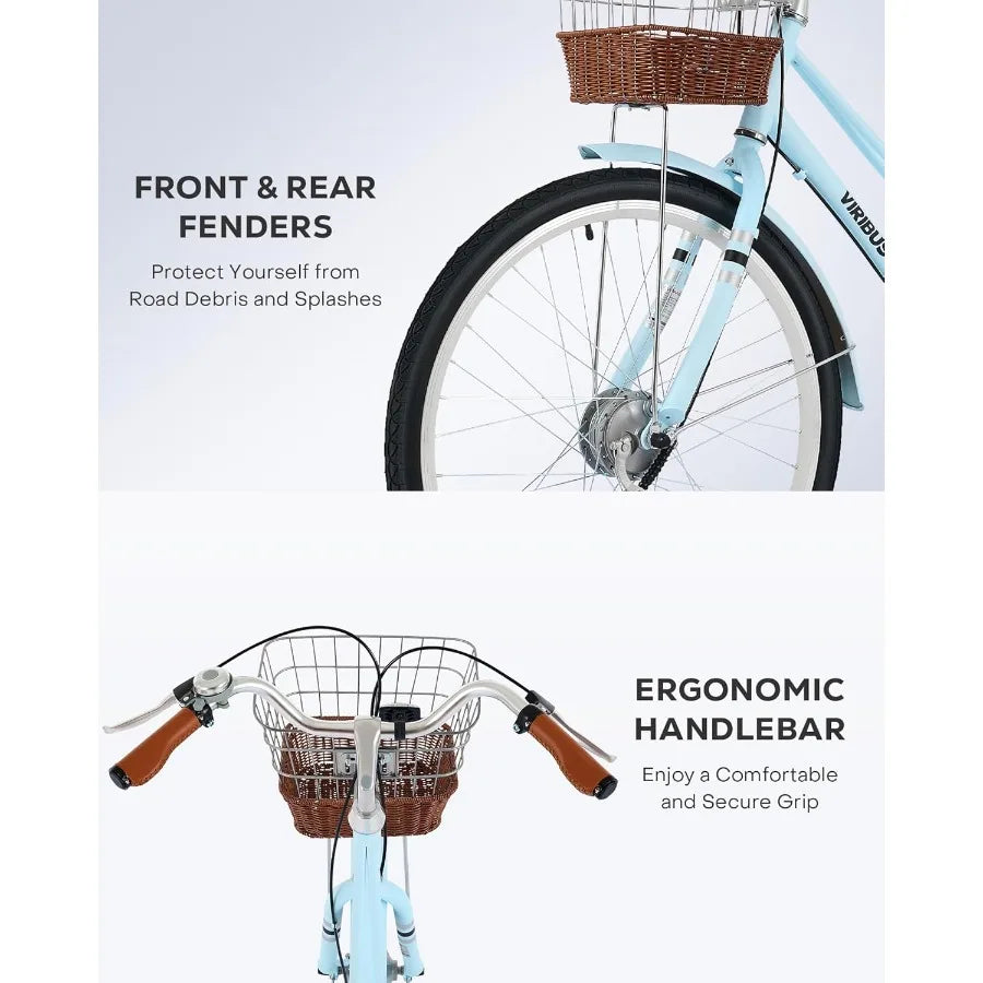 Beach Cruiser Bike for Women Step Through Bike with  Basket Rack Lock 24 26 inch 1 Speed