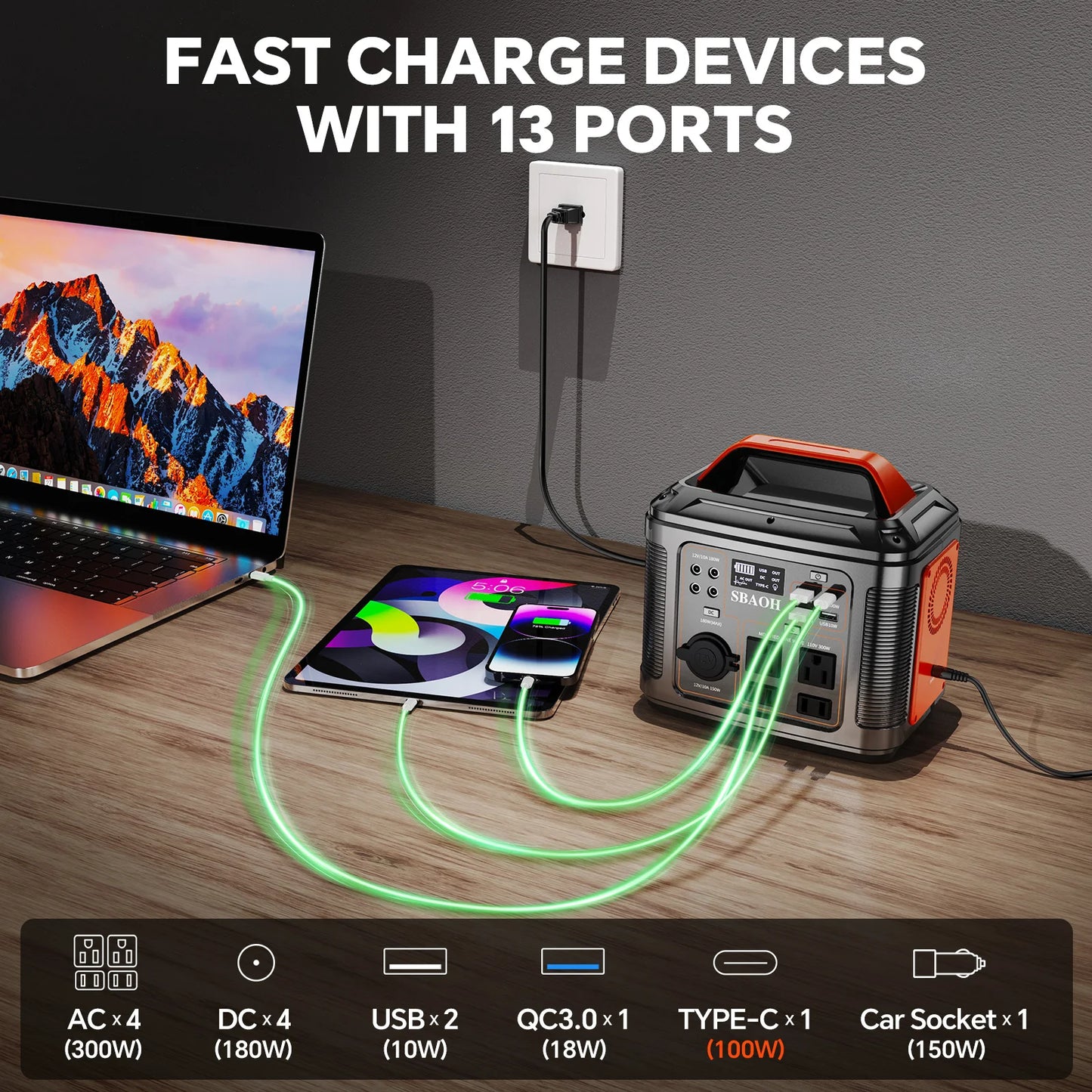 300W Portable Power Station, 296Wh 80000mAh Camping Solar Generator, Emergency Lithium Battery