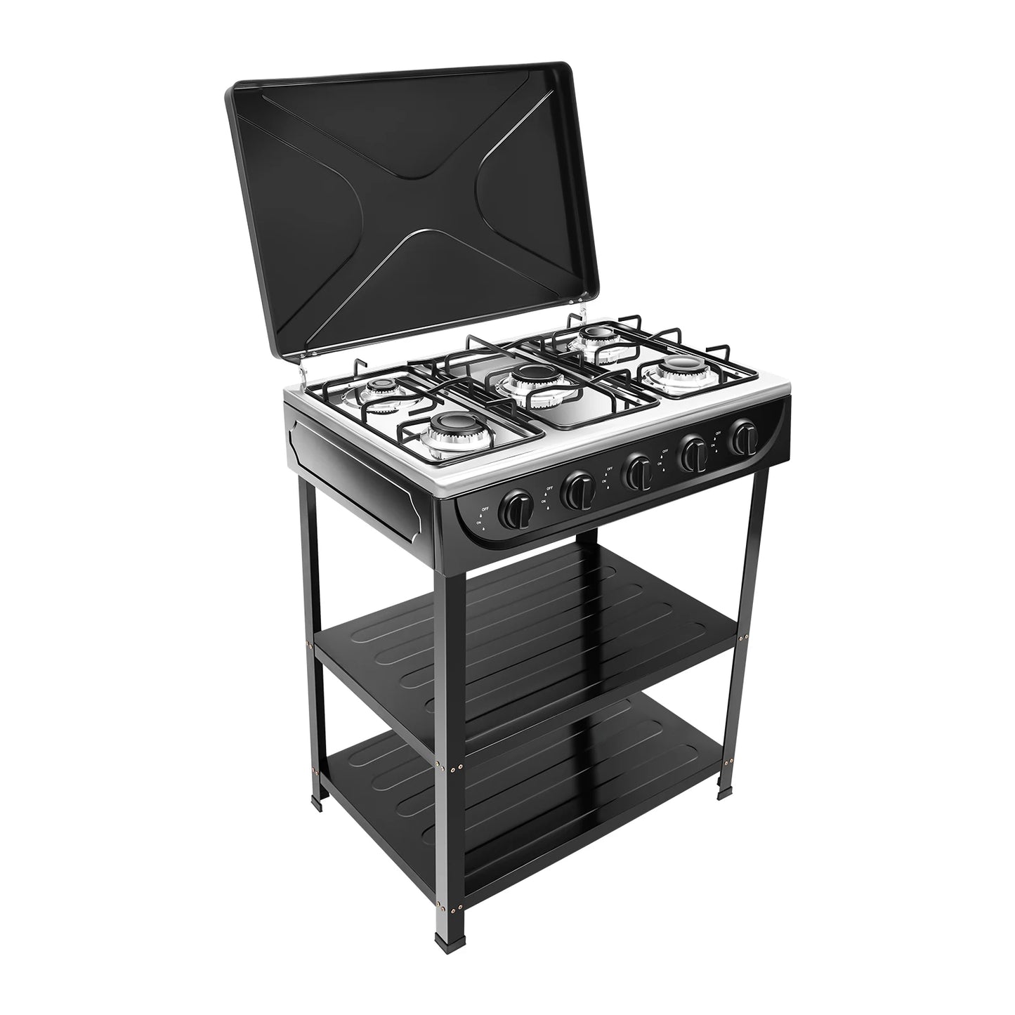 5-Burner Gas Stove Outdoor Camping Cooking BBQ Grill With 2-Tier Storage Rack