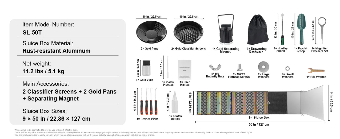 SucceBuy 50" 12" Complete Sluice Box Gold Panning Kit Aluminum Alloy Gold Mining Equipment 23/16 PCS Gold Prospecting Kit