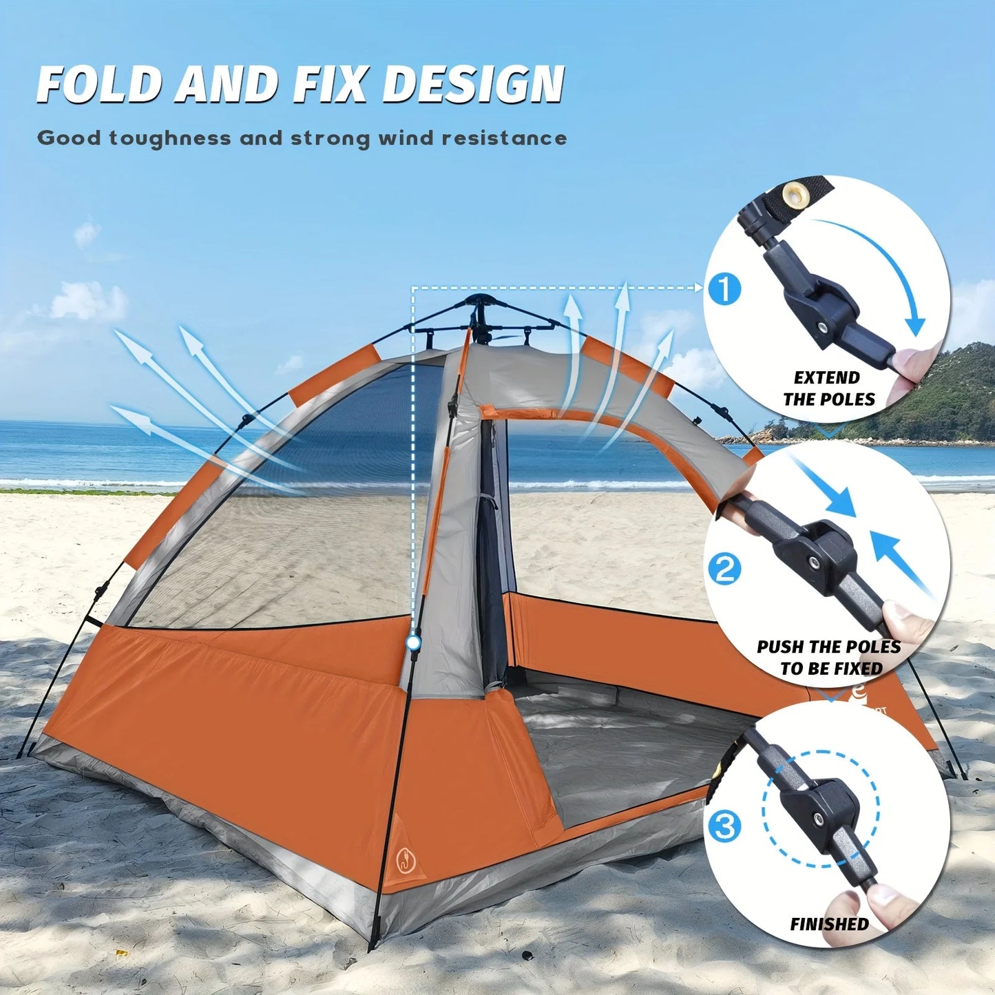 Pop Up Camping Tent - 4 Person  with Removable Rain Fly, Waterproof Windproof