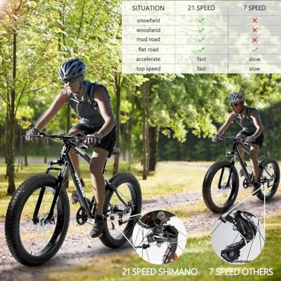 26 Inch Fat Tire Mountain Bike with Dual Disc Brakes Black 7 Speeds Gear High Carbon Frame Front Suspension 4 Inch Wide Tires F