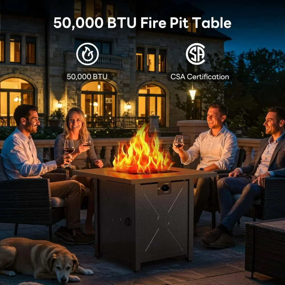 50,000 BTU Propane Fire Pit Table, 28 Inch, 3-in-1 Multi-Function with Steel Top, Lava Rocks, and Adjustable Flame