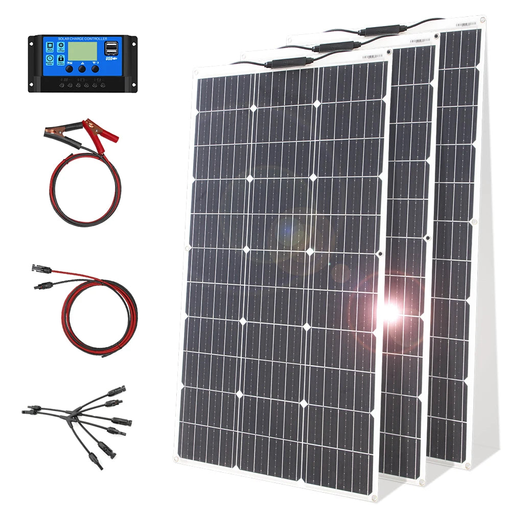 12V Flexible Solar Panel Kit 100W 200W Monocrystalline Waterproof with Controller for RV Camping Outdoor