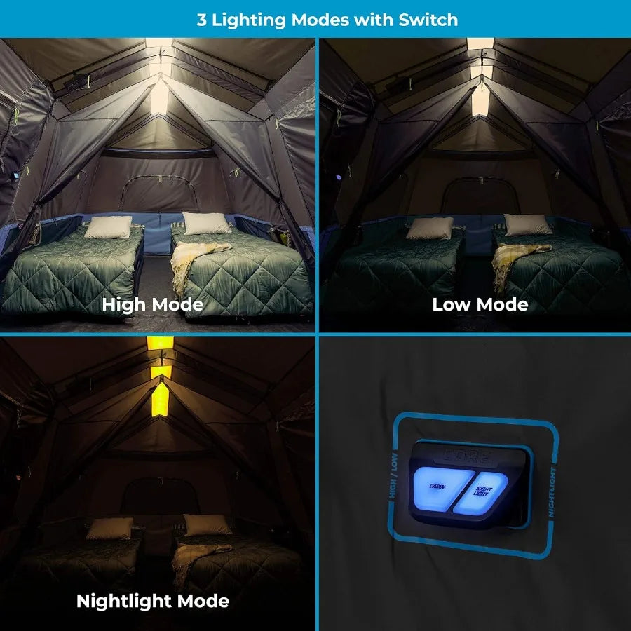 Instant Cabin Tents with LED Lights 6 Person 9 Person 12 Person Family Multi Room Lighted Pop Up Tents for Camping Included Sto