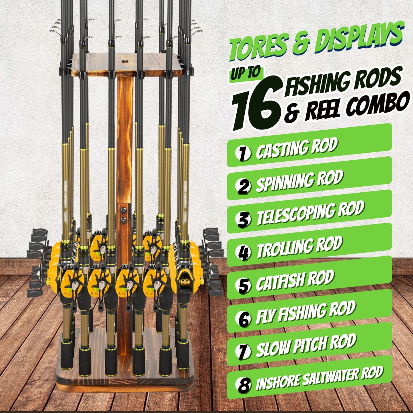 Fishing Rod Holder Rotating Wooden Rod Pole Rack New Style Holds up to 16 rods Fishing