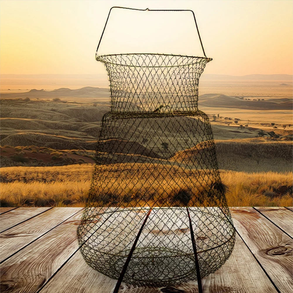 Steel Wire Fish Basket Foldable  Mesh Fish Trap for Outdoor Fishing