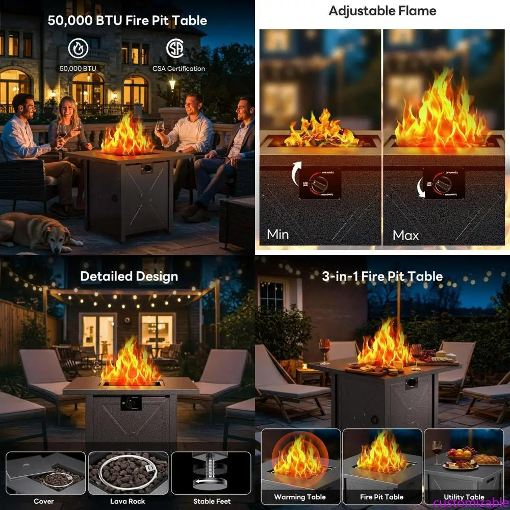 50,000 BTU Propane Fire Pit Table, 28 Inch, 3-in-1 Multi-Function with Steel Top, Lava Rocks, and Adjustable Flame