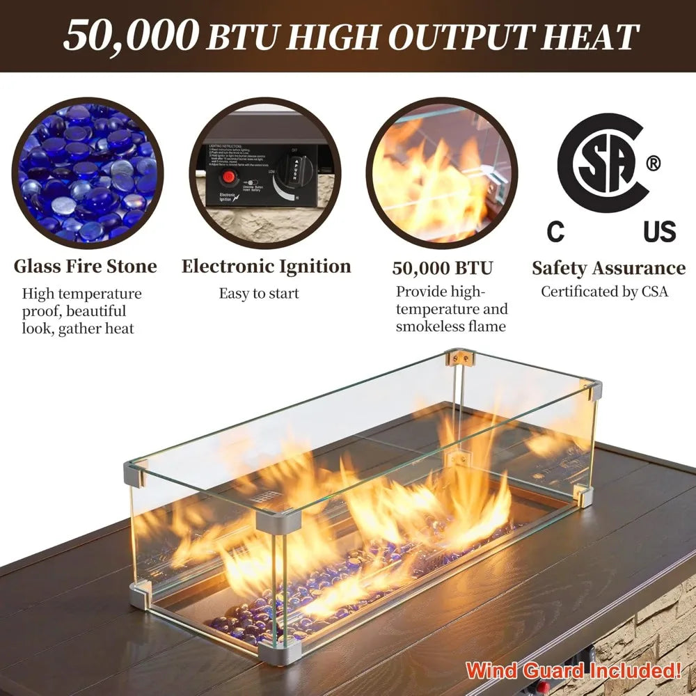 43" Propane Fire Pit Table Outdoor Stone Firepit Table Rectangular 50000 BTU for Outside Patio with Wind Gua