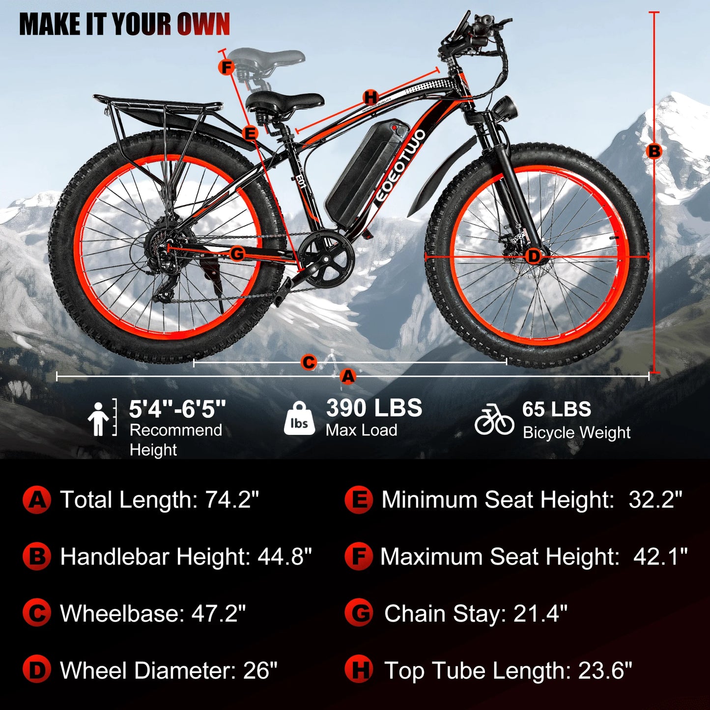 EOEOTWO E01 Electric Bike Adult 26" Fat Tire 1500W Peak Motor Electric Bicycle 34Mph Mountain E Bike 60Mile Range E Bike UL2849