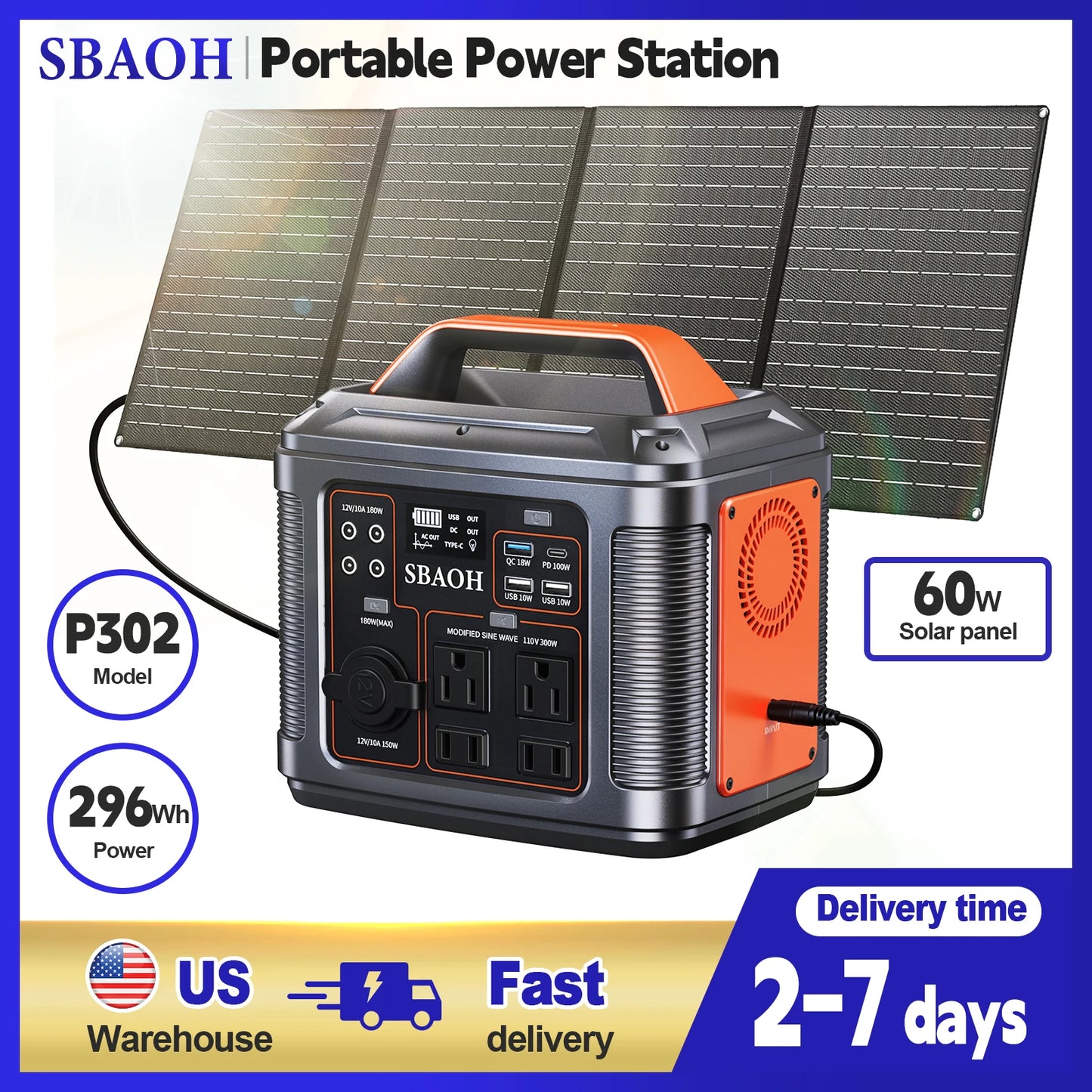 300W Portable Power Station, 296Wh 80000mAh Camping Solar Generator, Emergency Lithium Battery