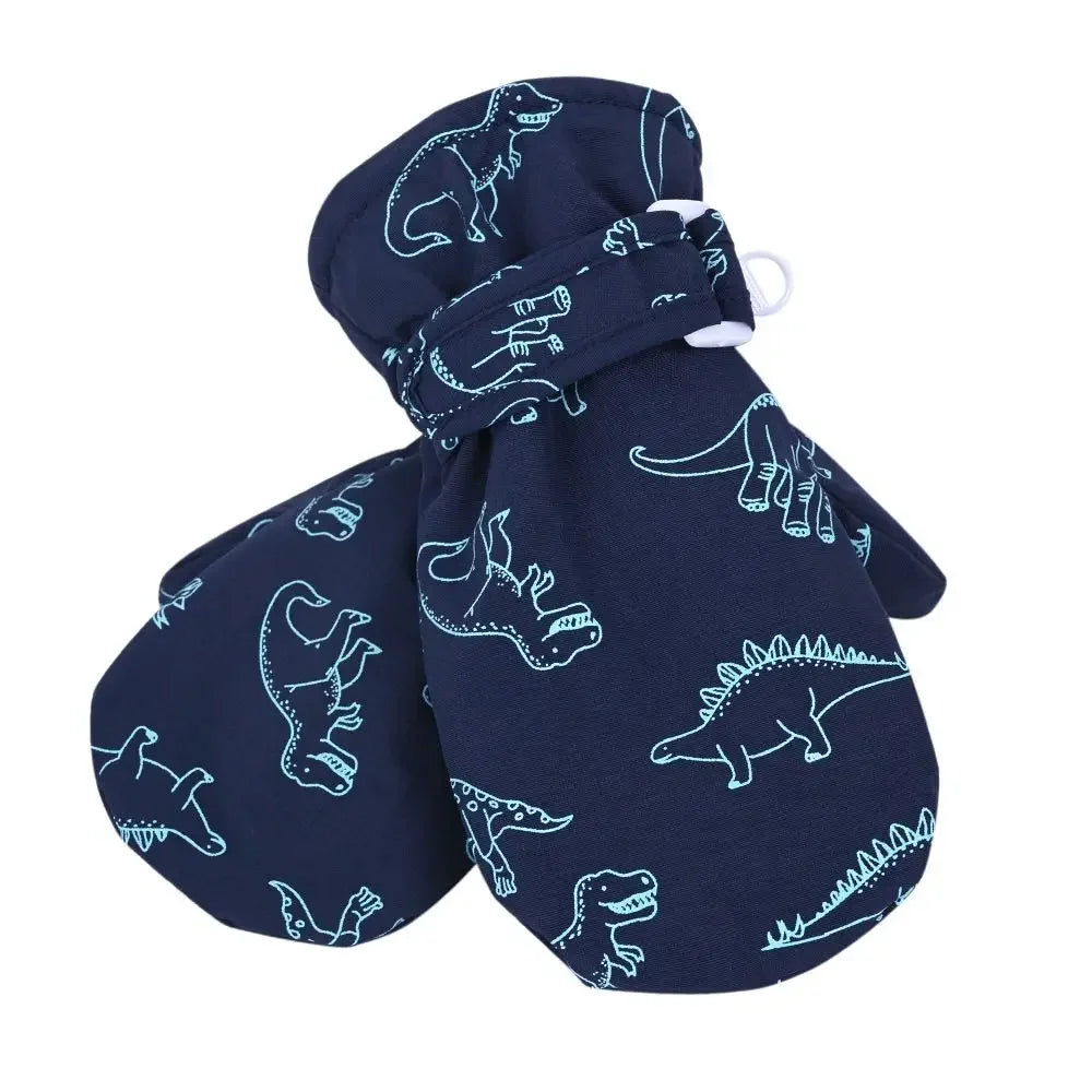 Waterproof Windproof Skiing Snow Gloves For Kids Toddler Cartoon Dinosaur Print Thickened Fleece Warm Winter Baby Gloves
