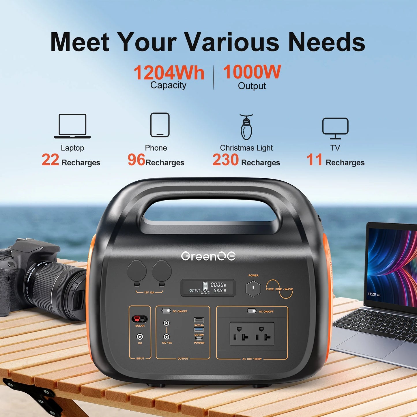 1000W 1024Wh Portable Power Station USB-C Solar Generator with LED 11 Ports