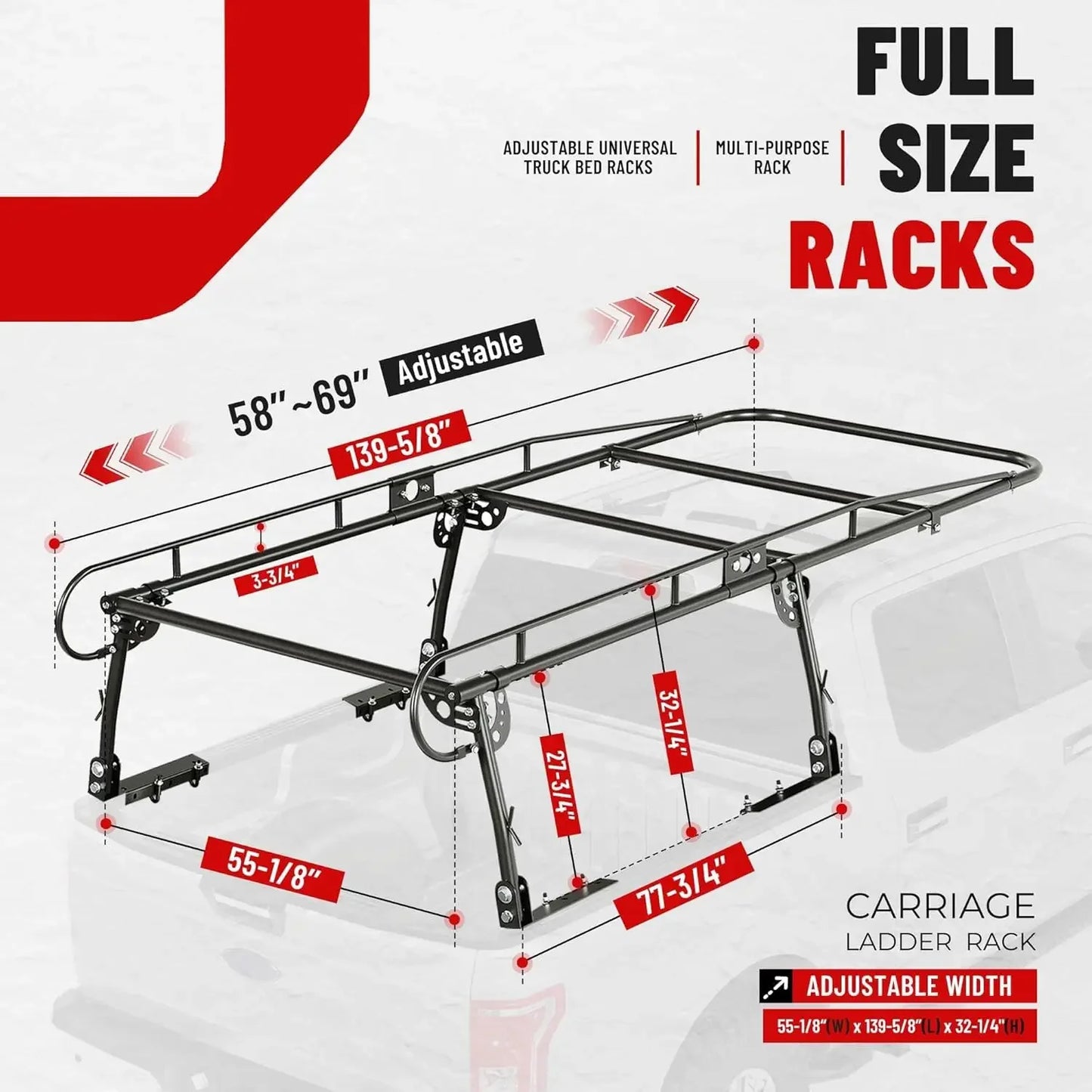 1000 LBS Adjustable 58"-69" Universal Truck Bed Rack 60"(W) x 138"(L) x