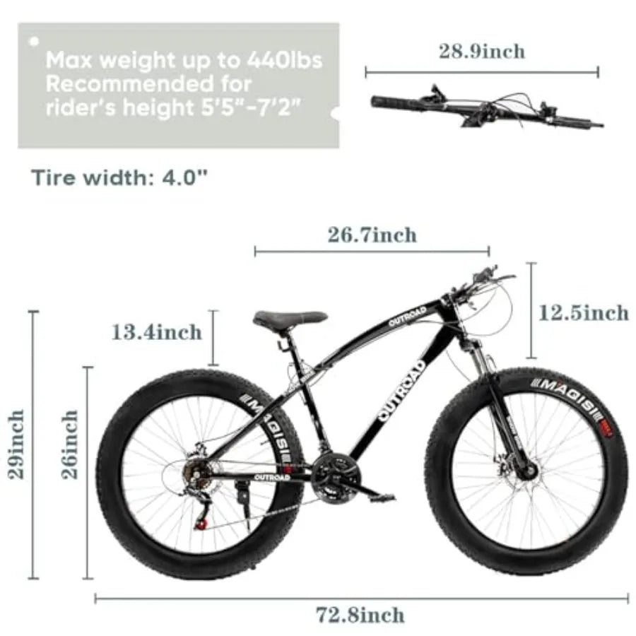 26 Inch Fat Tire Mountain Bike with Dual Disc Brakes Black 7 Speeds Gear High Carbon Frame Front Suspension 4 Inch Wide Tires F