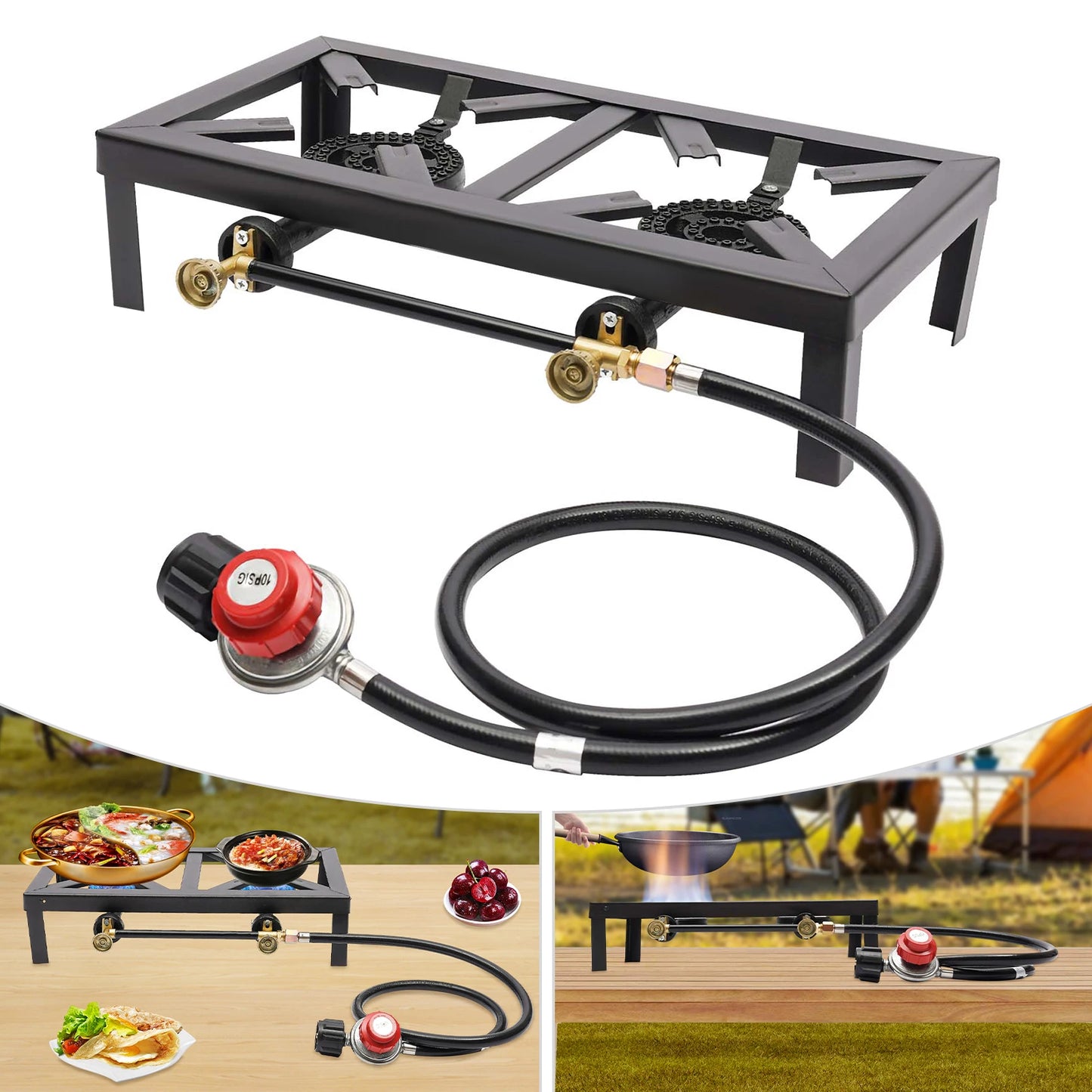 Portable Double Burner Outdoor Gas Stove Propane Cooker with Adjustable 0-10Psi Regulator Hose