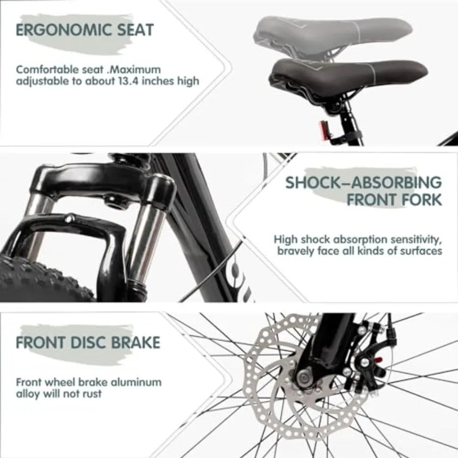 26 Inch Fat Tire Mountain Bike with Dual Disc Brakes Black 7 Speeds Gear High Carbon Frame Front Suspension 4 Inch Wide Tires F