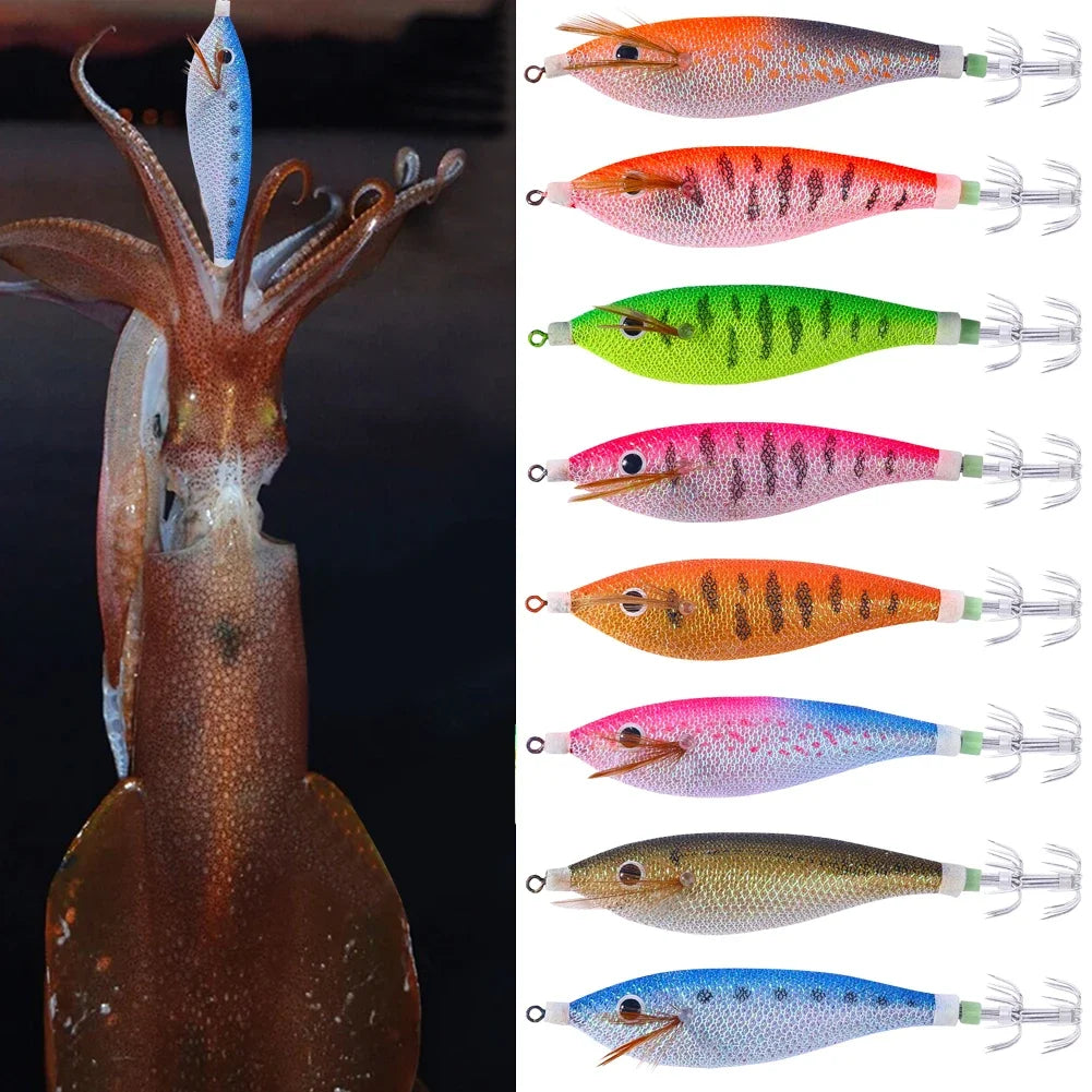 Glowing Horizontal Squid Trolling Lure Jigging  Wood Shrimp Hooks Octopus Bait