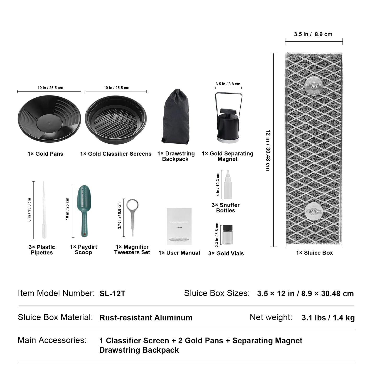 SucceBuy 50" 12" Complete Sluice Box Gold Panning Kit Aluminum Alloy Gold Mining Equipment 23/16 PCS Gold Prospecting Kit