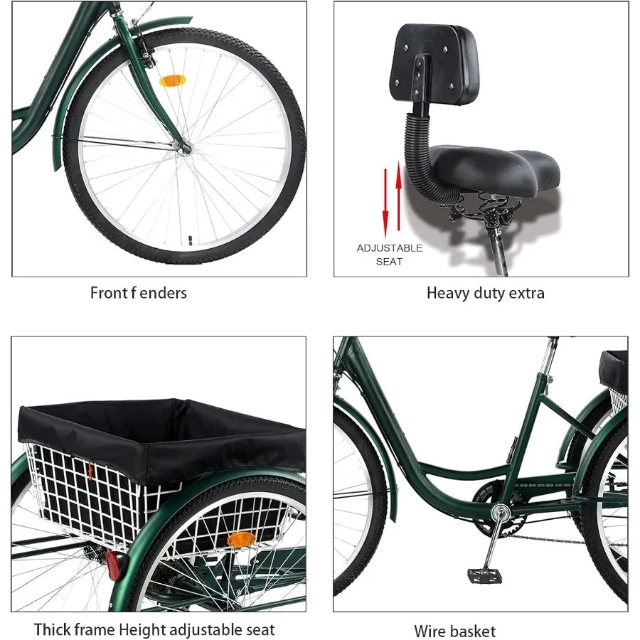 Adult Trikes 24 26 inch Wheels Low Step with Cargo Basket Three Wheel Trike Bike