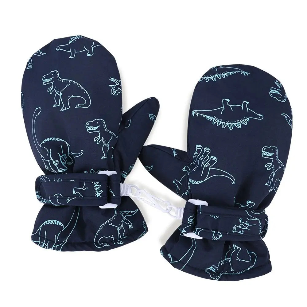 Waterproof Windproof Skiing Snow Gloves For Kids Toddler Cartoon Dinosaur Print Thickened Fleece Warm Winter Baby Gloves