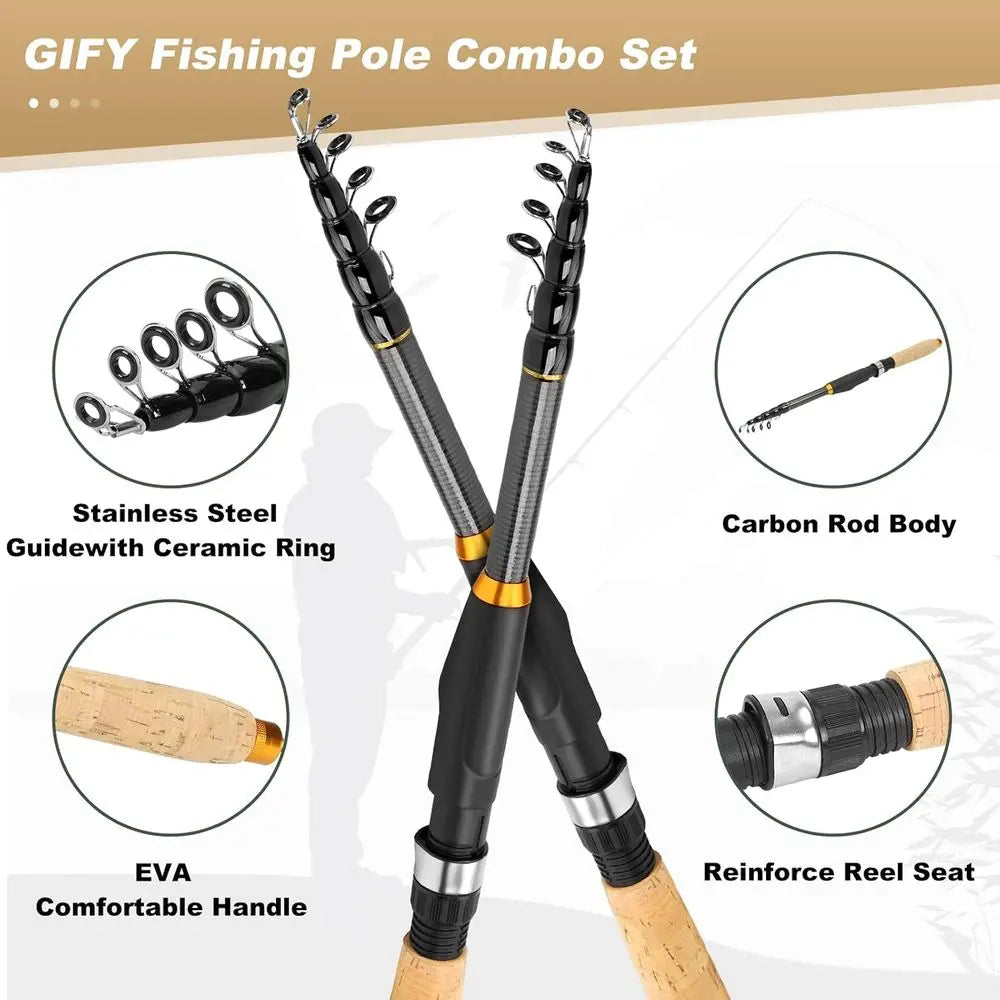 2-Piece Telescopic Fishing Pole Combo with Spinning Reel, Lures, Lip Gripper, and Tackle Bag - Ideal for Saltwater and Freshwater