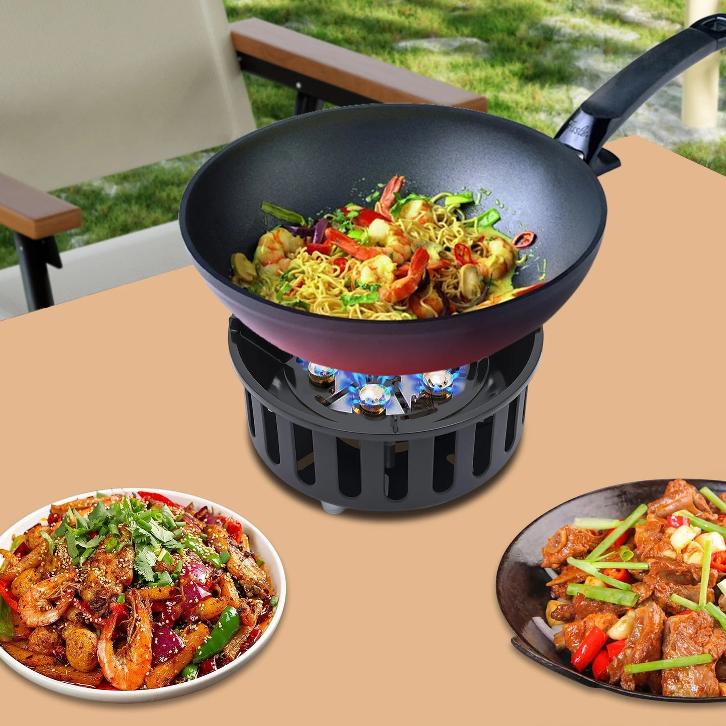 old-Rolled Steel Portable Camping Stove, 72000BTU 3-Adapter Gas Cooker, Windproof Design for Camping Hiking Picnic