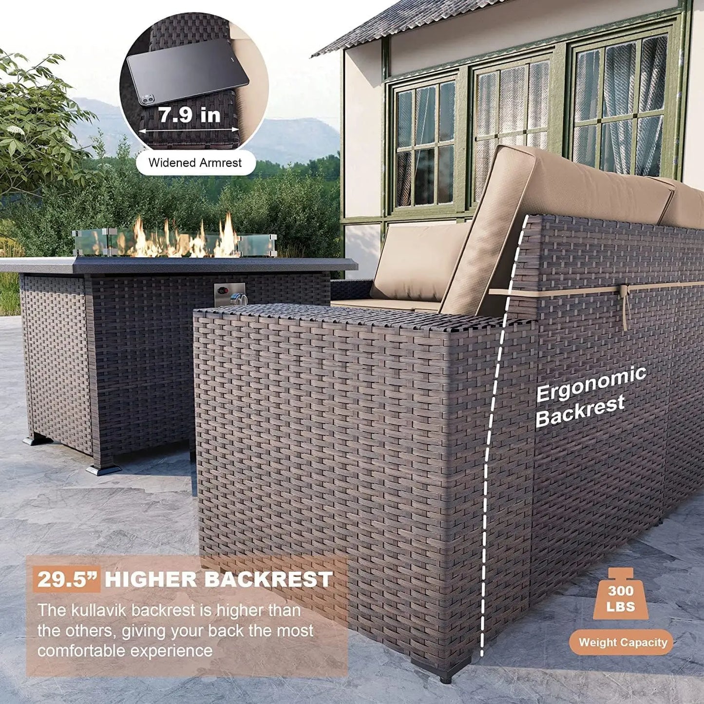 13 Pieces Outdoor Patio Furniture Set with 43" 55000BTU Gas Propane Fire Pit Table PE Wicker Rattan Sectional Sofa Patio