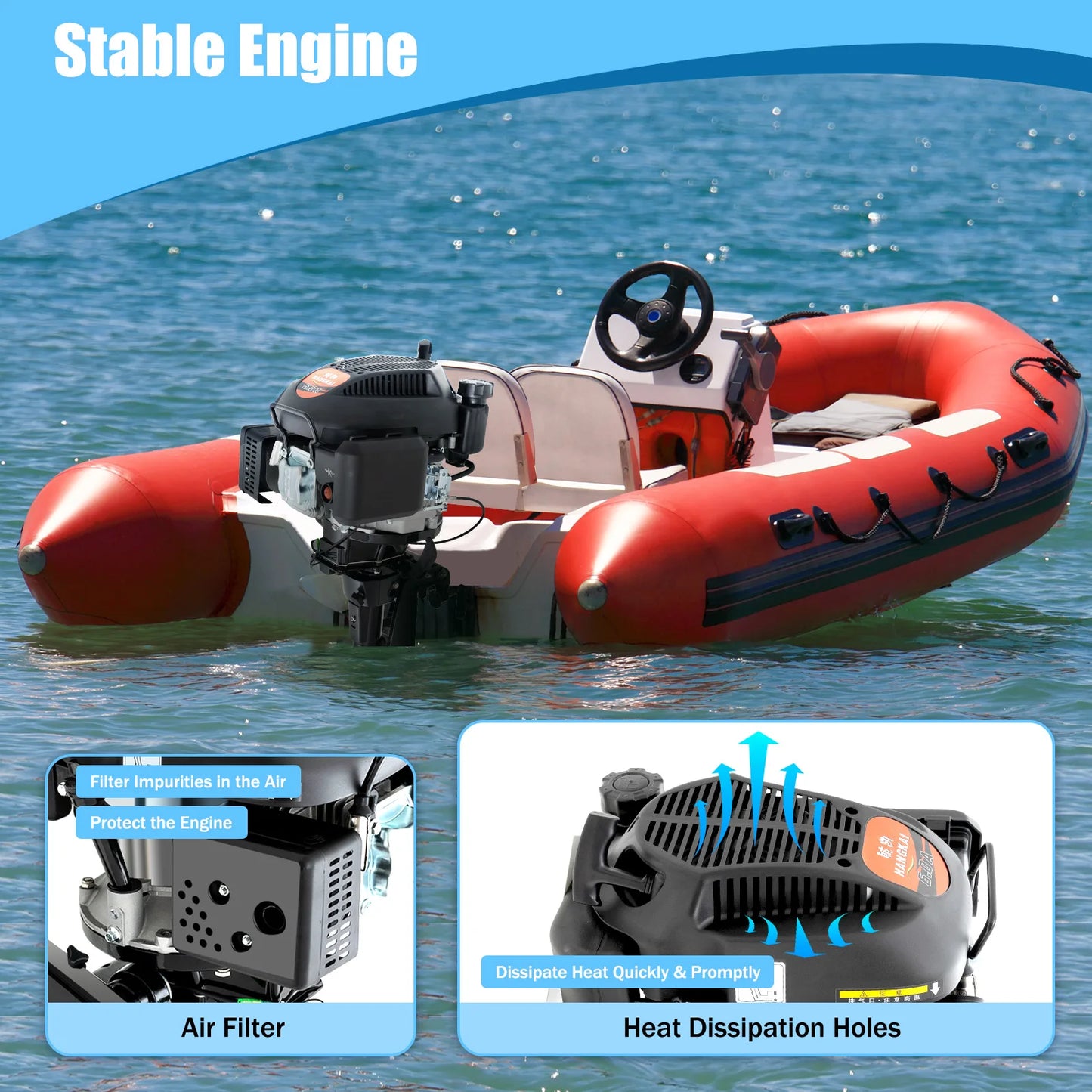 HANGKAI 4 Stroke 6HP Boat Engine 140CC Heavy Duty Outboard Motor With Air Cooling System Short Shaft Inflatable Fishing Boat