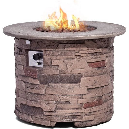 Outdoor Propane Concrete Fire Pit Table w Imitation Stone Surface 32-inch Round Fire Table, CSA Certified, 40,000 BTU Stainless