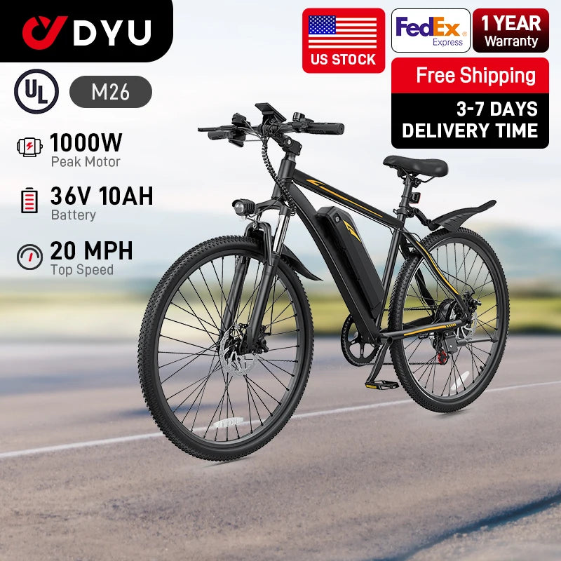 【1 Year Warranty】M26 Electric Bicycle 1000W Peak Motor 360WH Lithium Battery Electric Bike  26 Inch city E-bike UL2849