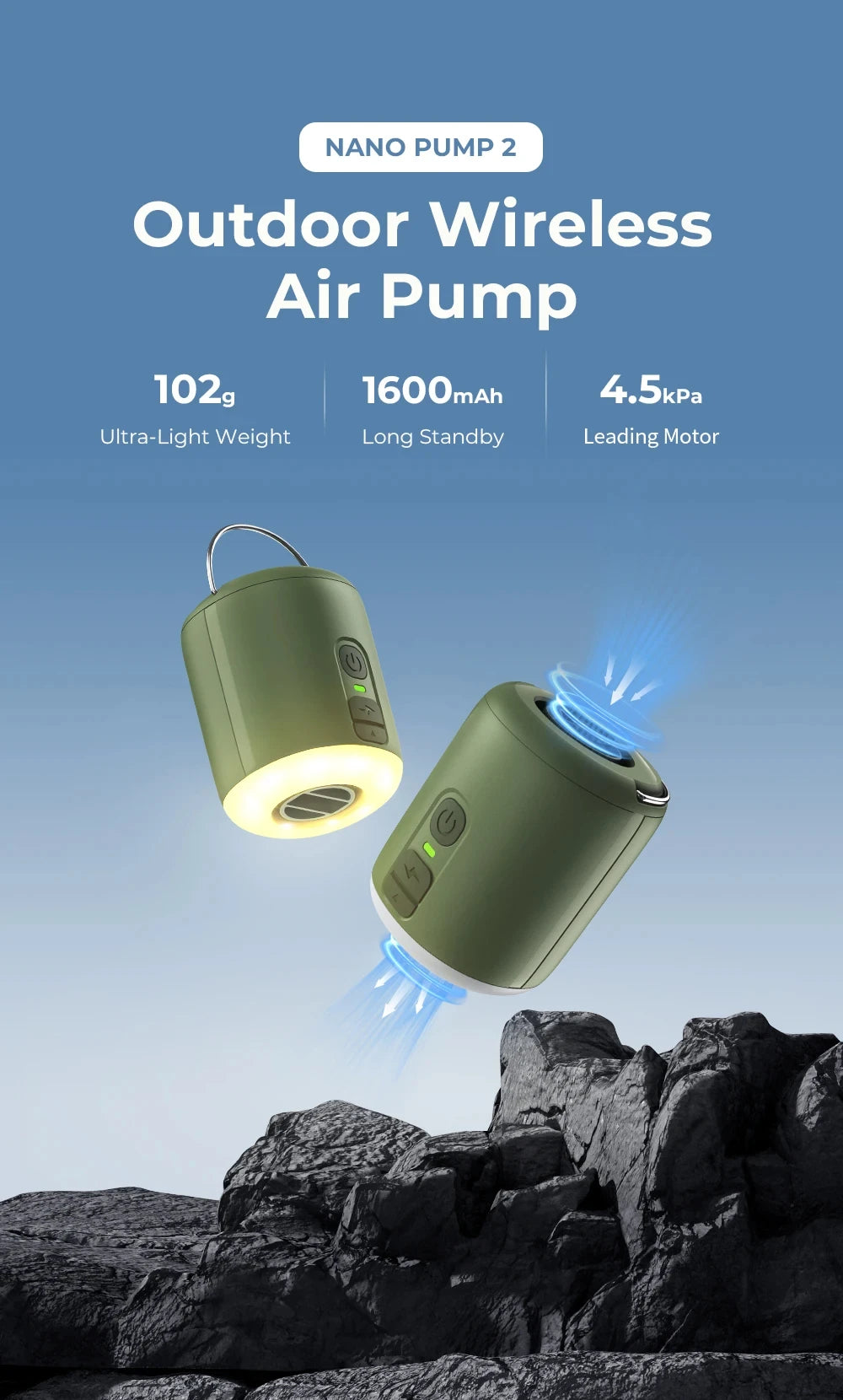 WESTTUNE Tiny Air Pump with Camping Lantern 4.5kPa Air Pump with Magnetic Design for Inflatable Air Mattress Sleeping Pads