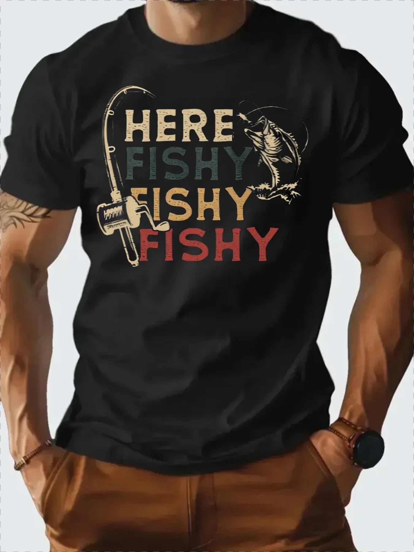T Shirt  100% Cotton Summer Vintage fishing pattern Casual Slim Fit Round Neck Short Sleeved T-shirt Top