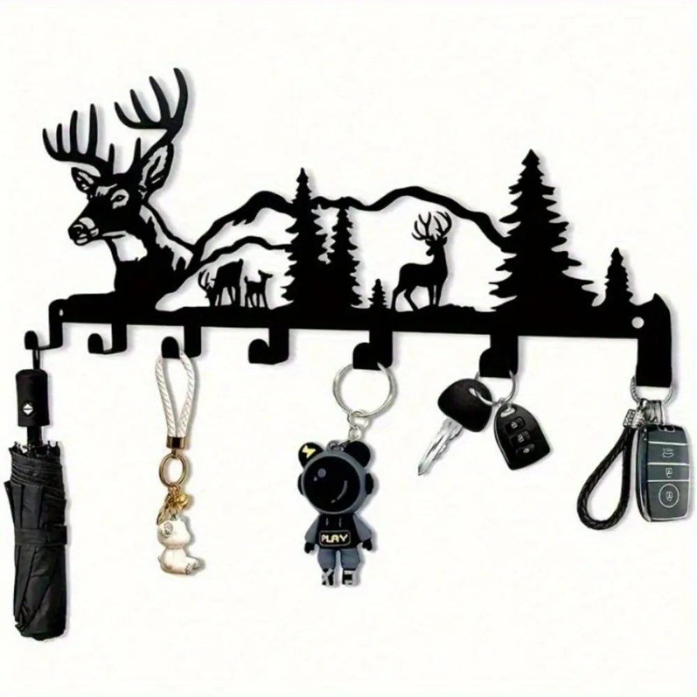 Deer & Forest-Themed Metal Key Hook – Effortlessly Installable Wall-Mounted Organizer for Entryways