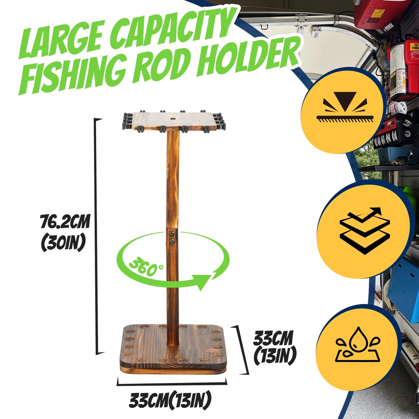 Fishing Rod Holder Rotating Wooden Rod Pole Rack New Style Holds up to 16 rods Fishing