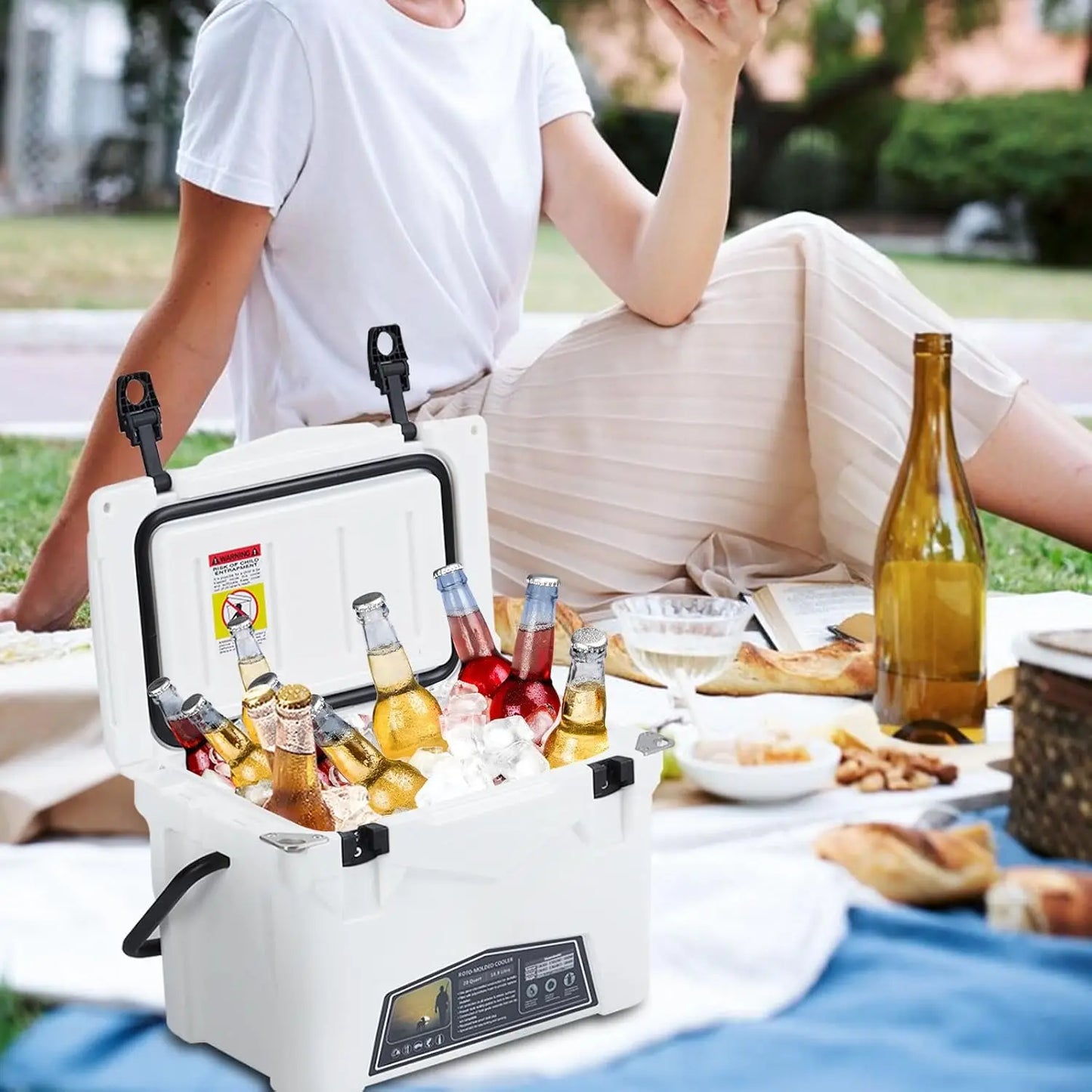 Portable Ice Cooler, Heavy Duty Ice Chest with Portable Cup Holder, Fish Ruler, Bottle Openers, Camping Cooler for Beach Boat